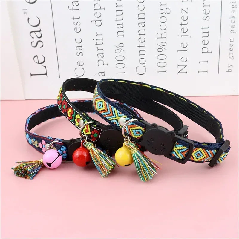 Adjustable Cat Collar, Tassels and Bells, Embellished, Colorful Plaid Jacquard Pattern, Cat and Dog