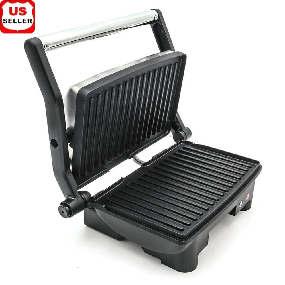 3-in-1 Panini Press Electric Grill, Non-Stick Cooking Surface, Flat Griddle, Grease Drawer, Cool-Touch Handle Kitchen