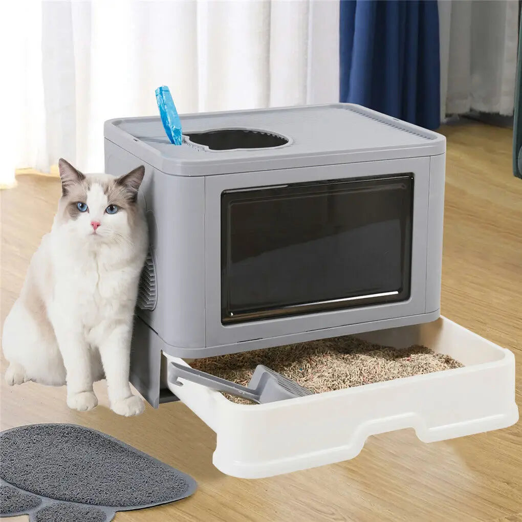 Foldable Cat Litter Box, Front Entry & Top Exit, with Litter Scoop