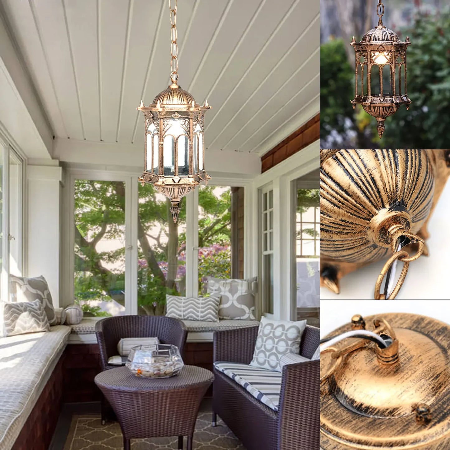 LED Waterproof Outdoor Hanging Light, Retro Chandelier, Bronze Color, Glass Lampshade