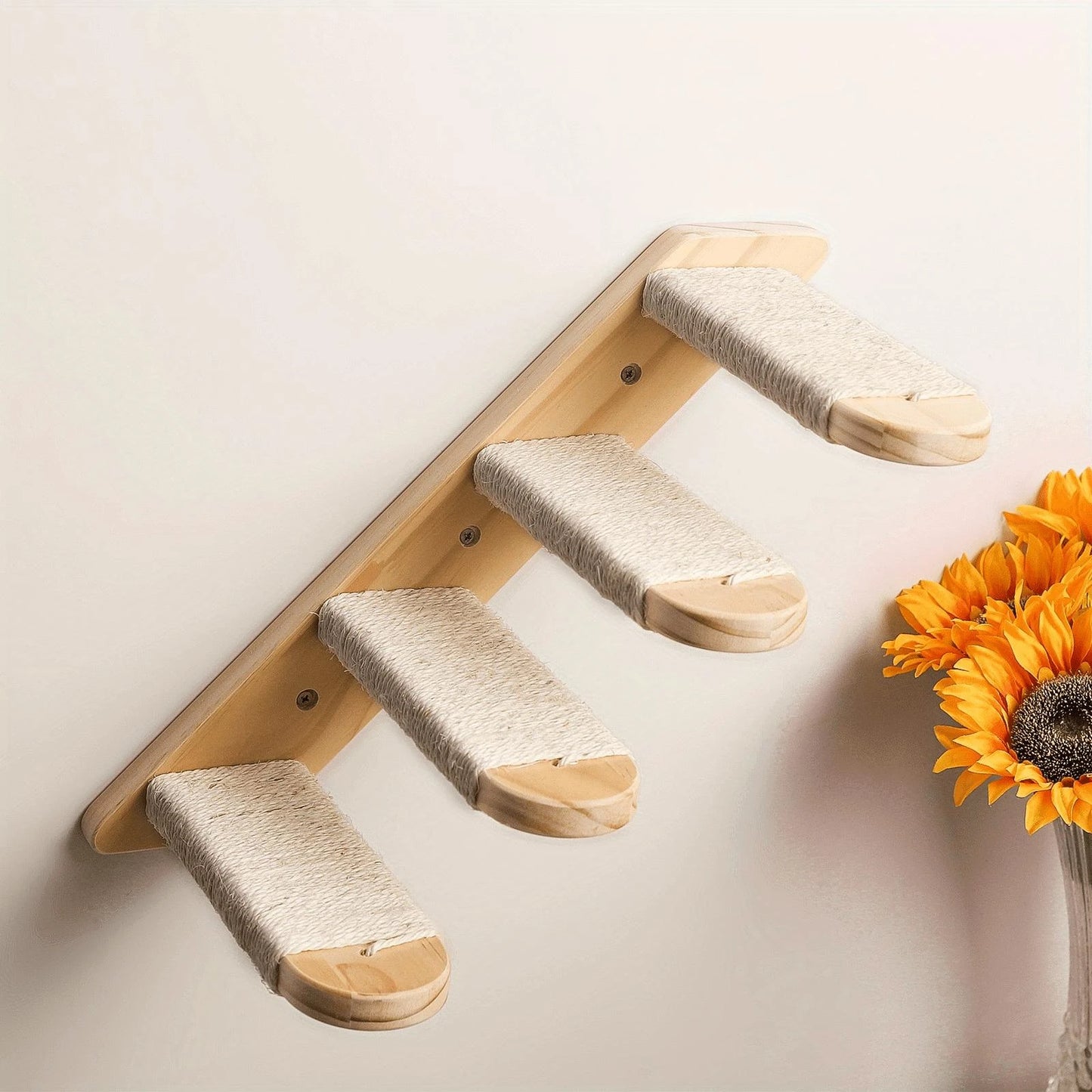 Four-Layer Wooden Ladder - Wall-Mounted Play For Cats, Natural Wood Rope
