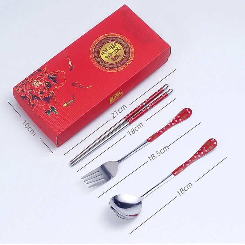 3PC Set of Red and White Porcelain Stainless Chopsticks Spoon Fork