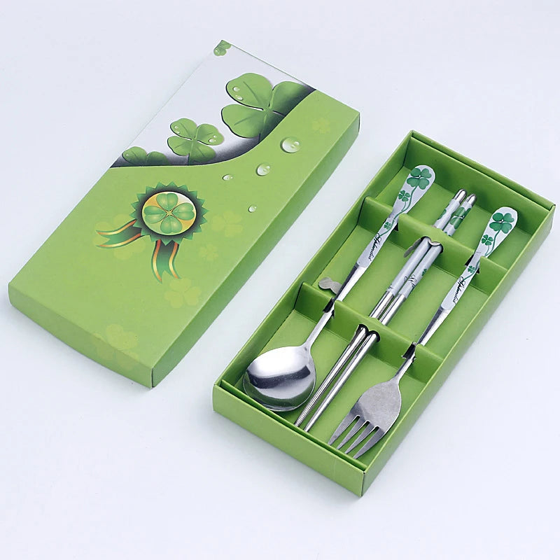 3PC Set of Red and White Porcelain Stainless Chopsticks Spoon Fork