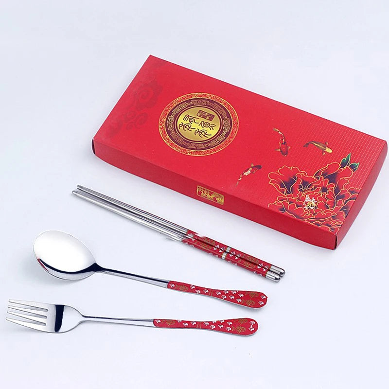3PC Set of Red and White Porcelain Stainless Chopsticks Spoon Fork