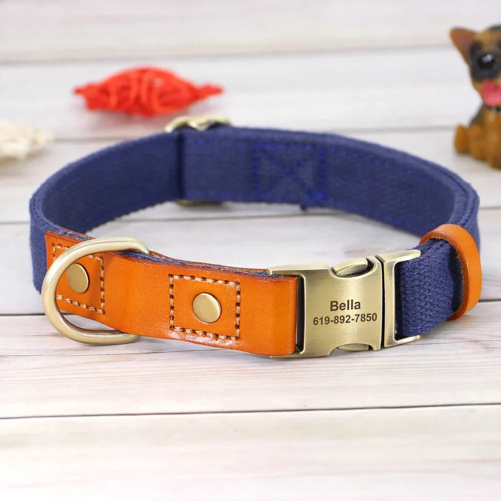 Nylon Custom Dog Collar and Leash Set, Nameplate ID Tag, Genuine Leather