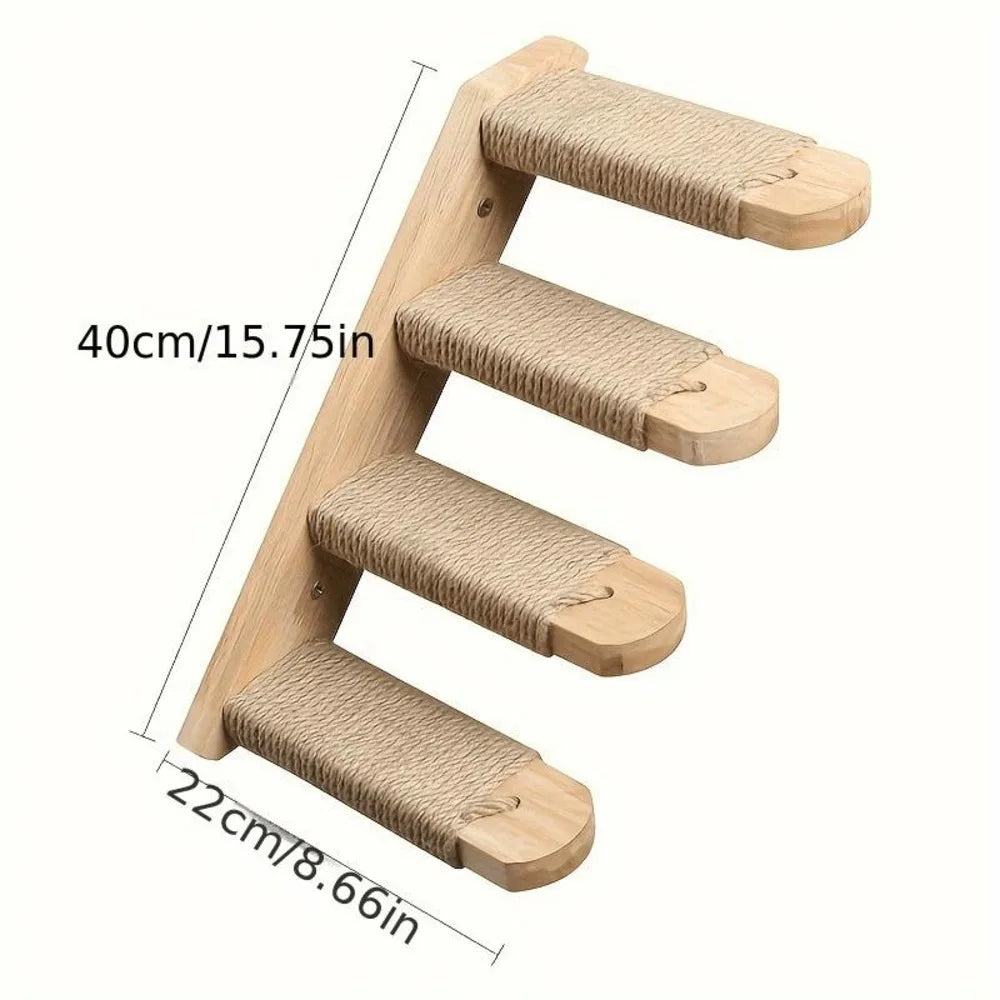 Four-Layer Wooden Ladder - Wall-Mounted Play For Cats, Natural Wood Rope