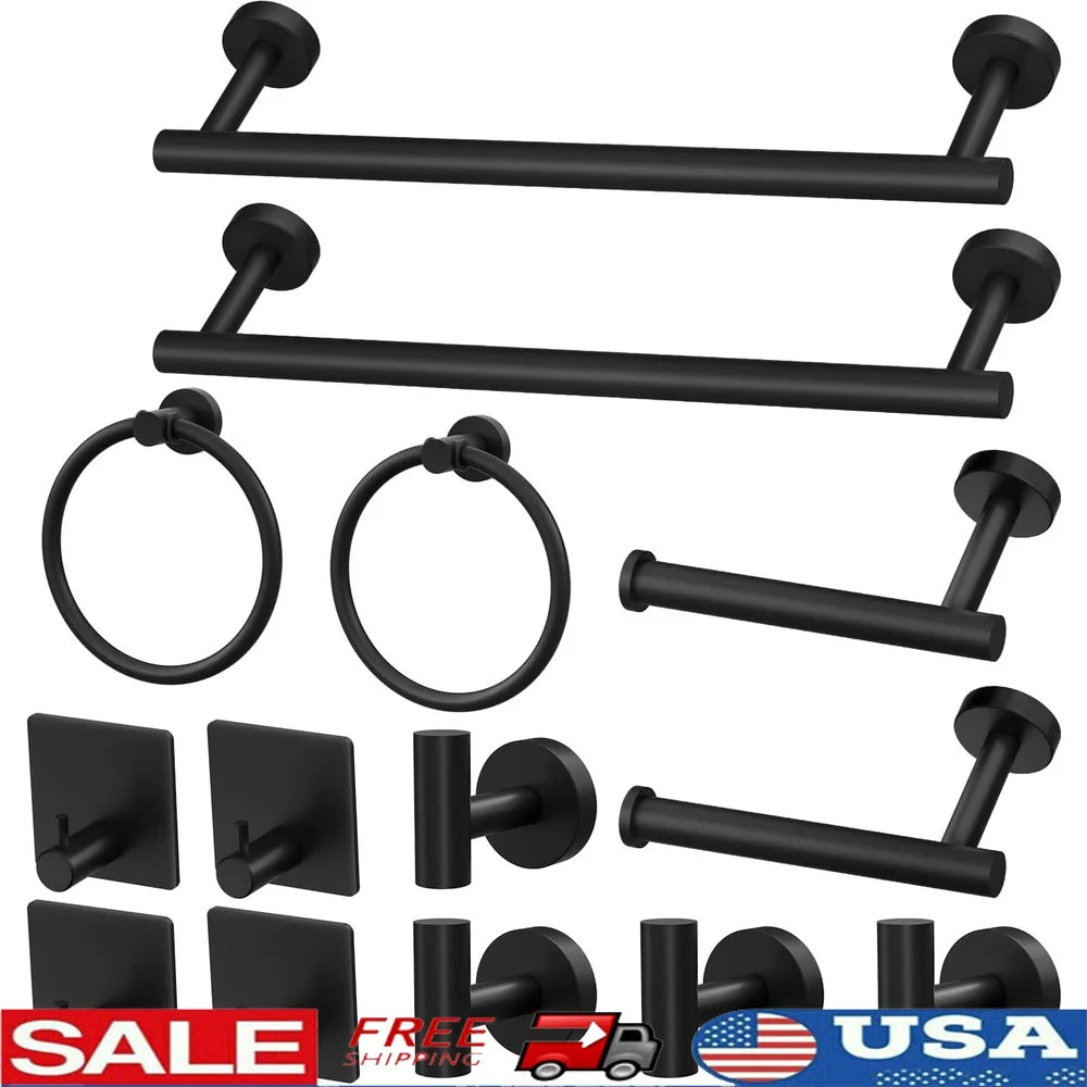 14 Pieces Stainless Steel Matte Black Bathroom Accessories Set, Wall-Mounted Towel Bar, Toilet Paper Holder, Racks, Hooks