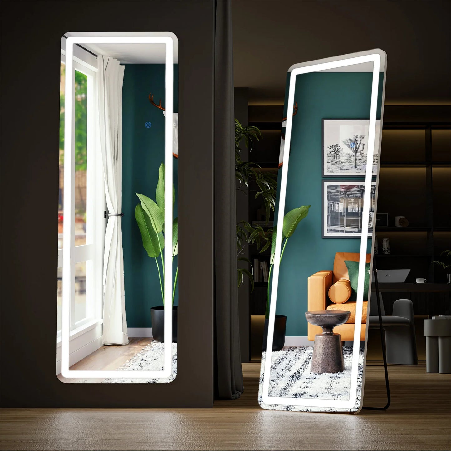 Full Length Standing or Wall-Mounted Mirror, Alloy Frame, Led, 64"x21"