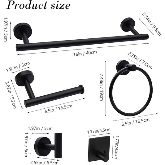 14 Pieces Stainless Steel Matte Black Bathroom Accessories Set, Wall-Mounted Towel Bar, Toilet Paper Holder, Racks, Hooks