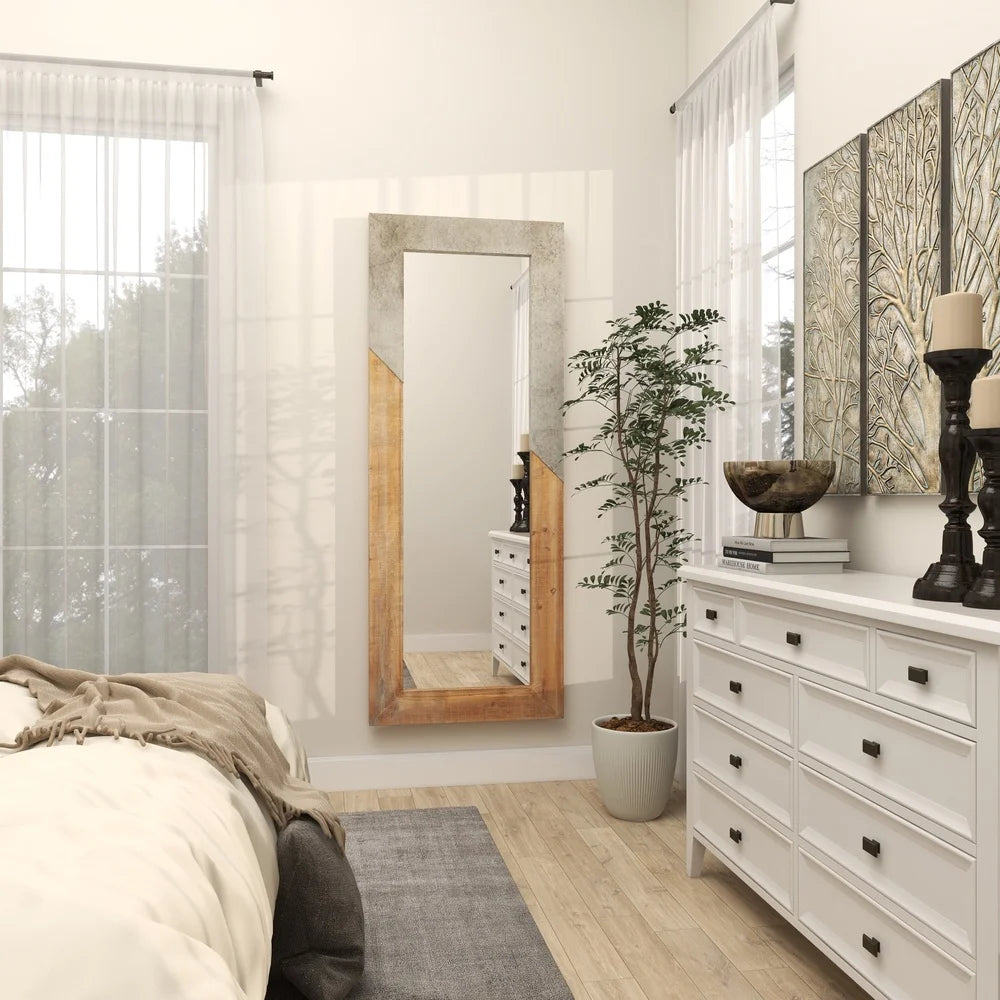 Rustic Farmhouse Rectangular Wall Mirror with Metal Accents, 28x71 Inches