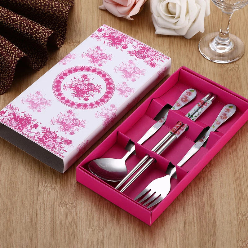 3PC Set of Red and White Porcelain Stainless Chopsticks Spoon Fork