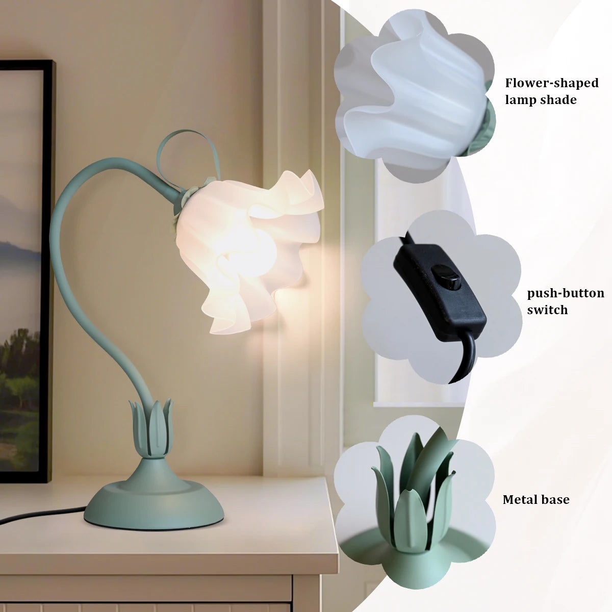 Vintage Flower Green Bedside Lamp, adjustable direction