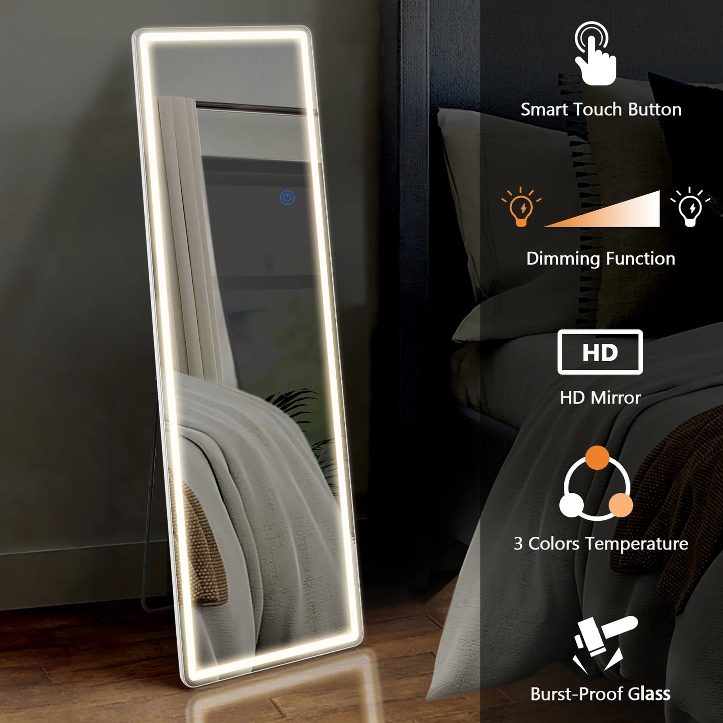 Full Length Standing or Wall-Mounted Mirror, Alloy Frame, Led, 64"x21"