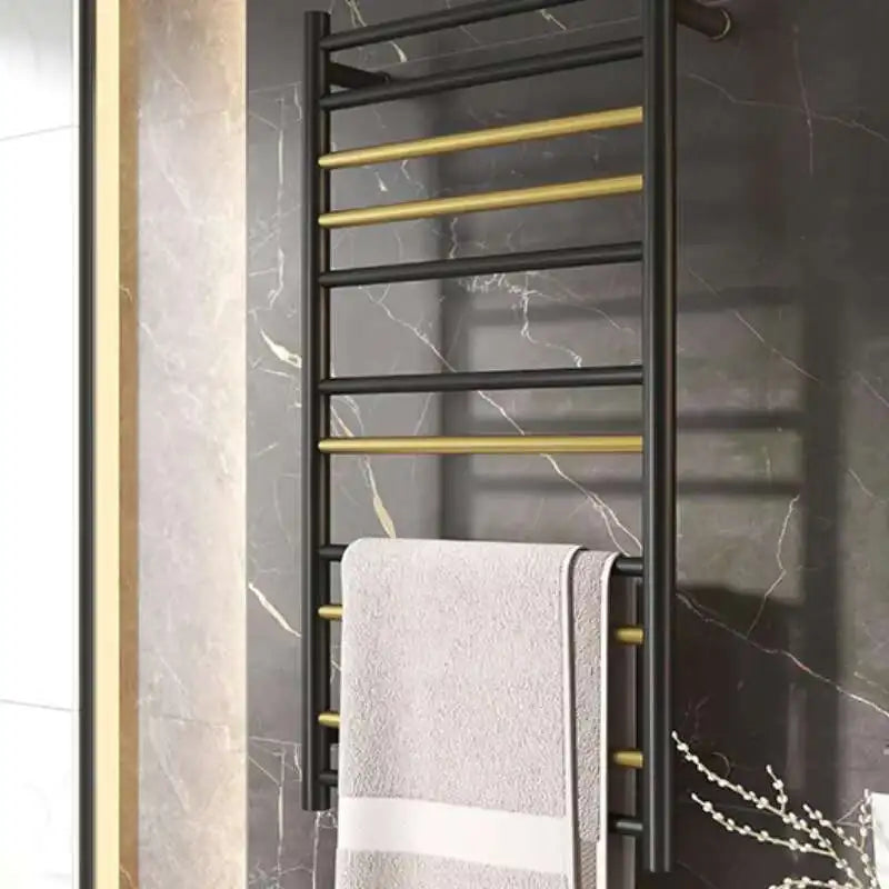 Electric stainless steel bath towel drying rack, black and gold