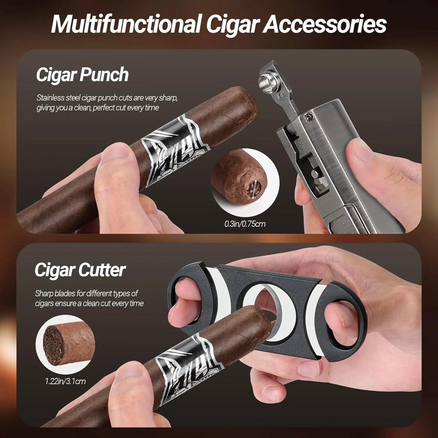 Portable Cigar Travel Humidor and Cigar Set, Humidifier, Hygrometer, Cutter, Lighter