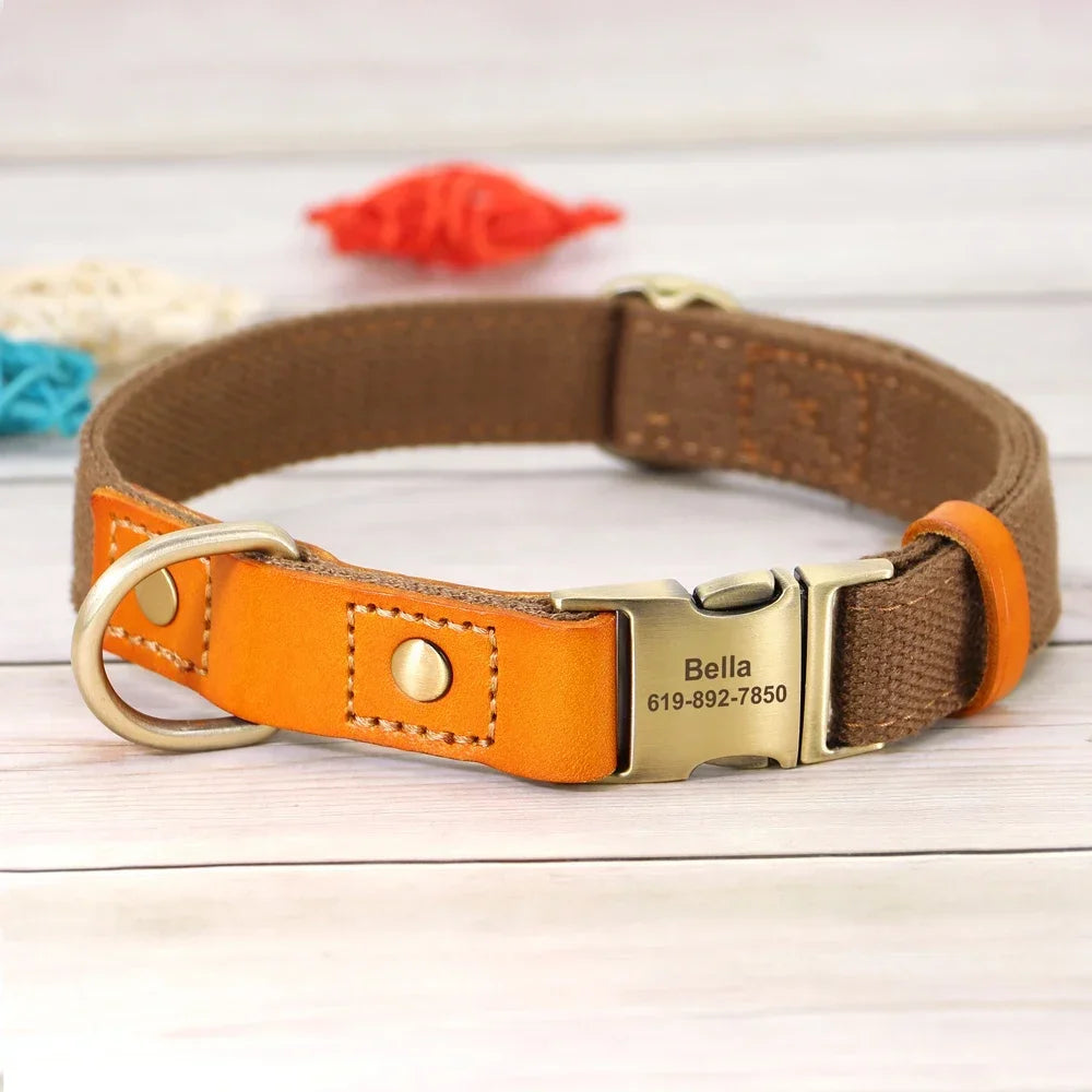 Nylon Custom Dog Collar and Leash Set, Nameplate ID Tag, Genuine Leather