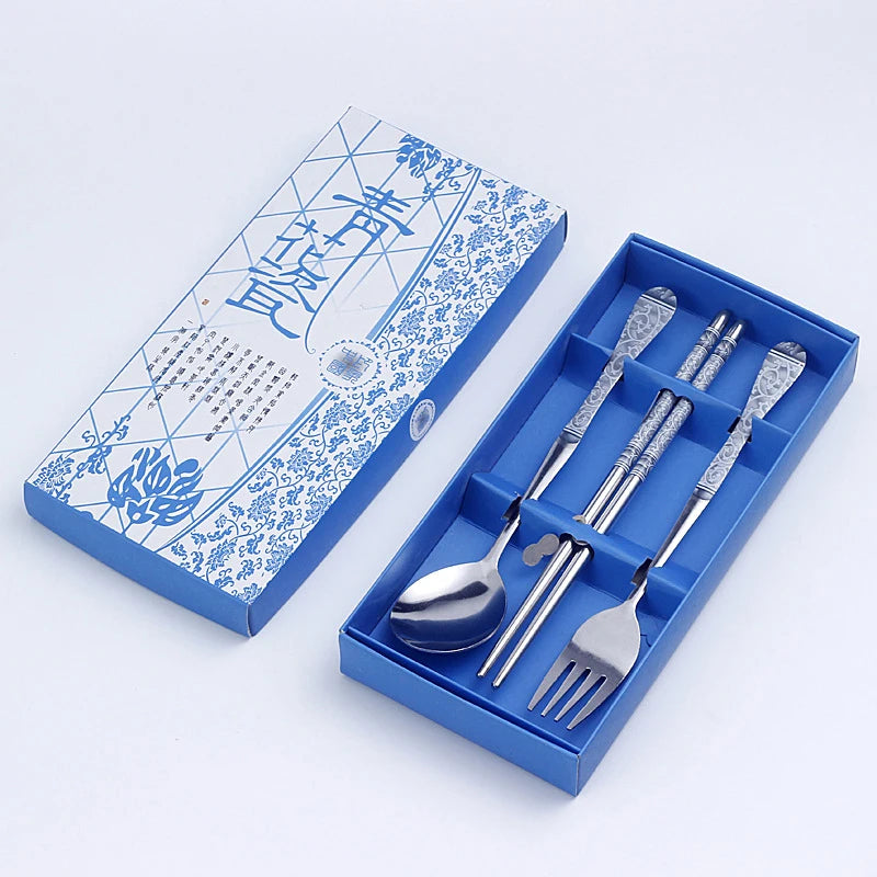 3PC Set of Red and White Porcelain Stainless Chopsticks Spoon Fork