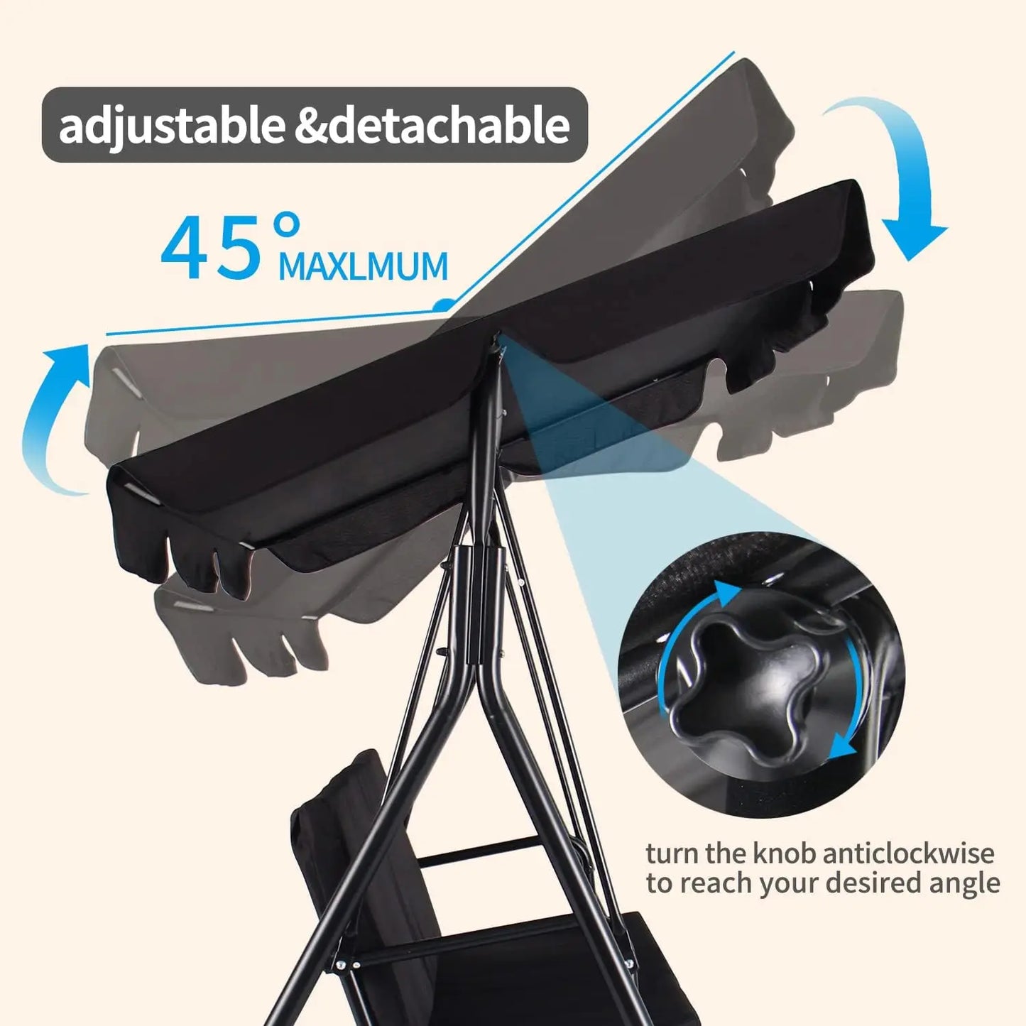 3-Seat Black Patio Swing Chair, Adjustable Canopy, Durable Steel Frame, Patio, Garden, Poolside