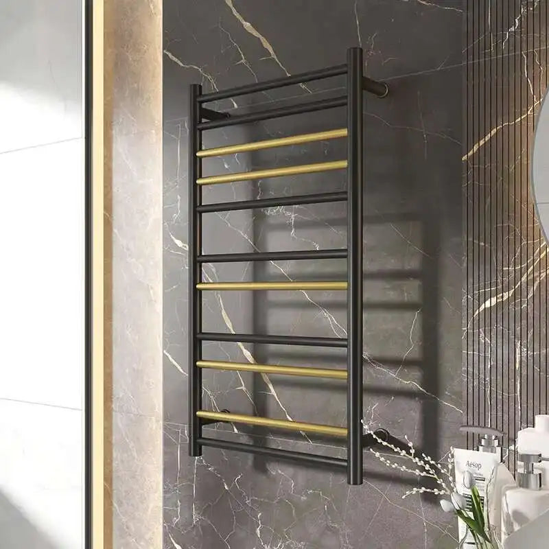 Electric stainless steel bath towel drying rack, black and gold