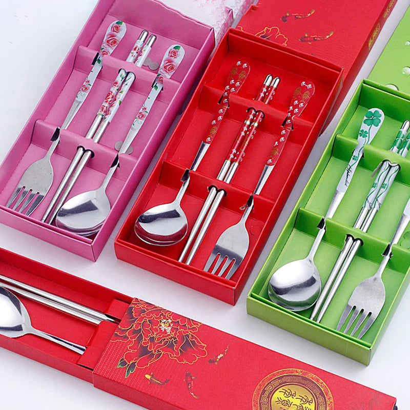 3PC Set of Red and White Porcelain Stainless Chopsticks Spoon Fork