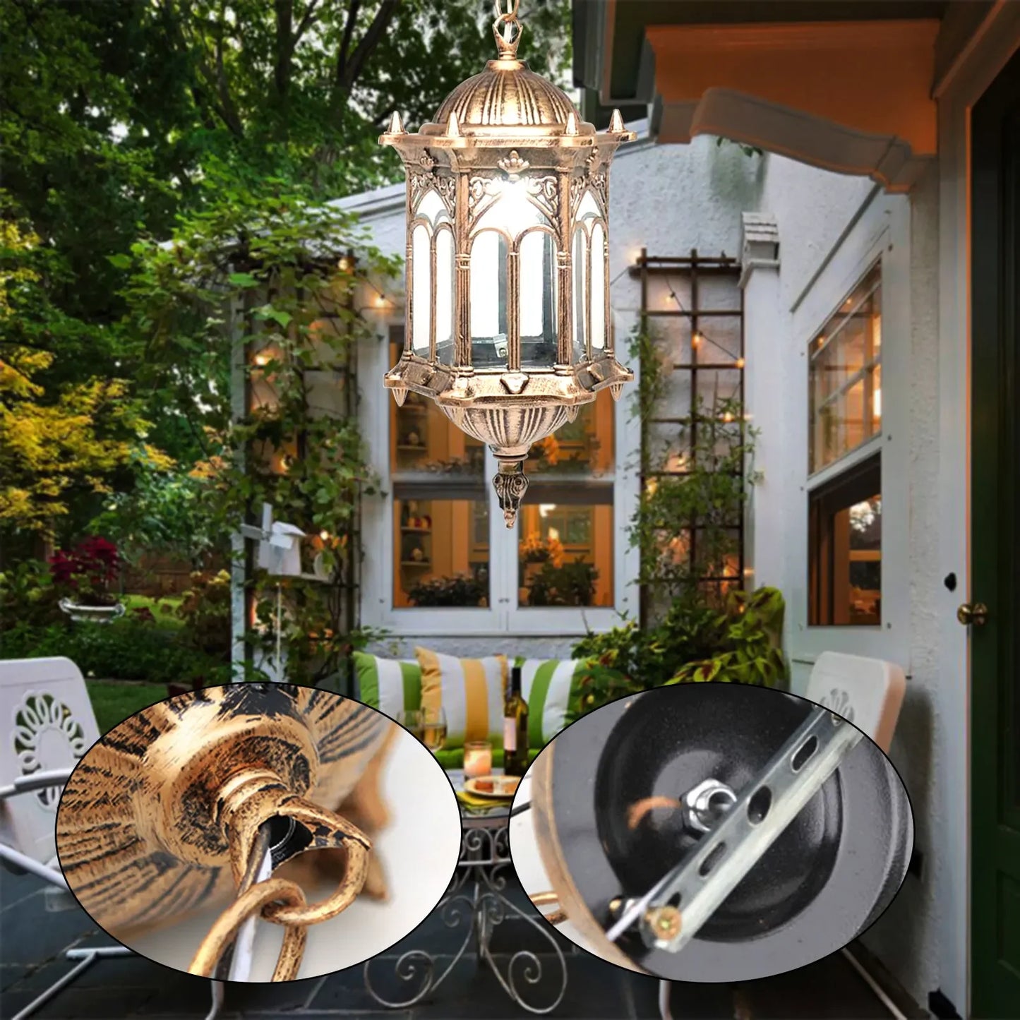 LED Waterproof Outdoor Hanging Light, Retro Chandelier, Bronze Color, Glass Lampshade