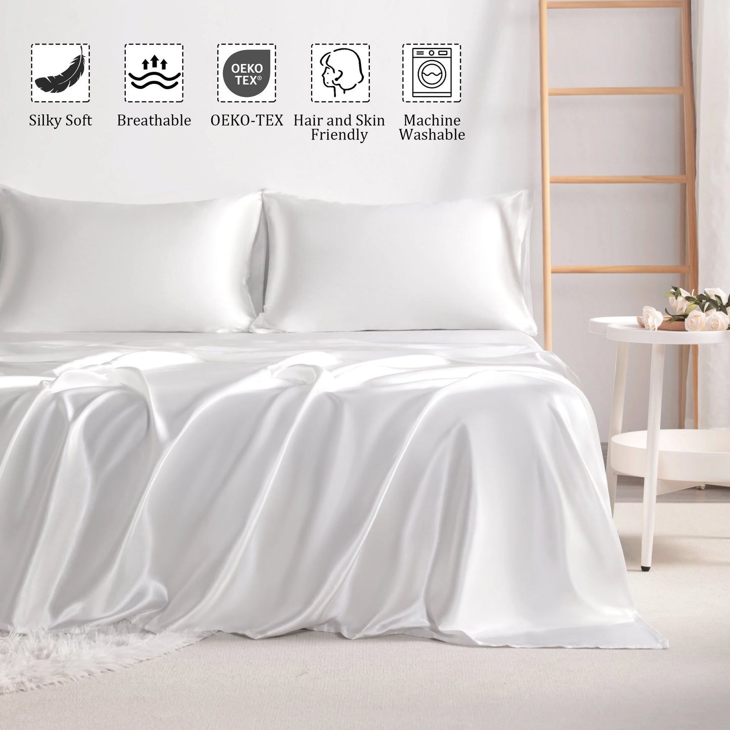 3-Piece Silky Satin Cooling Bed Sheet Set, Flat and 2 Pillowcases, Ultra Soft and Cozy