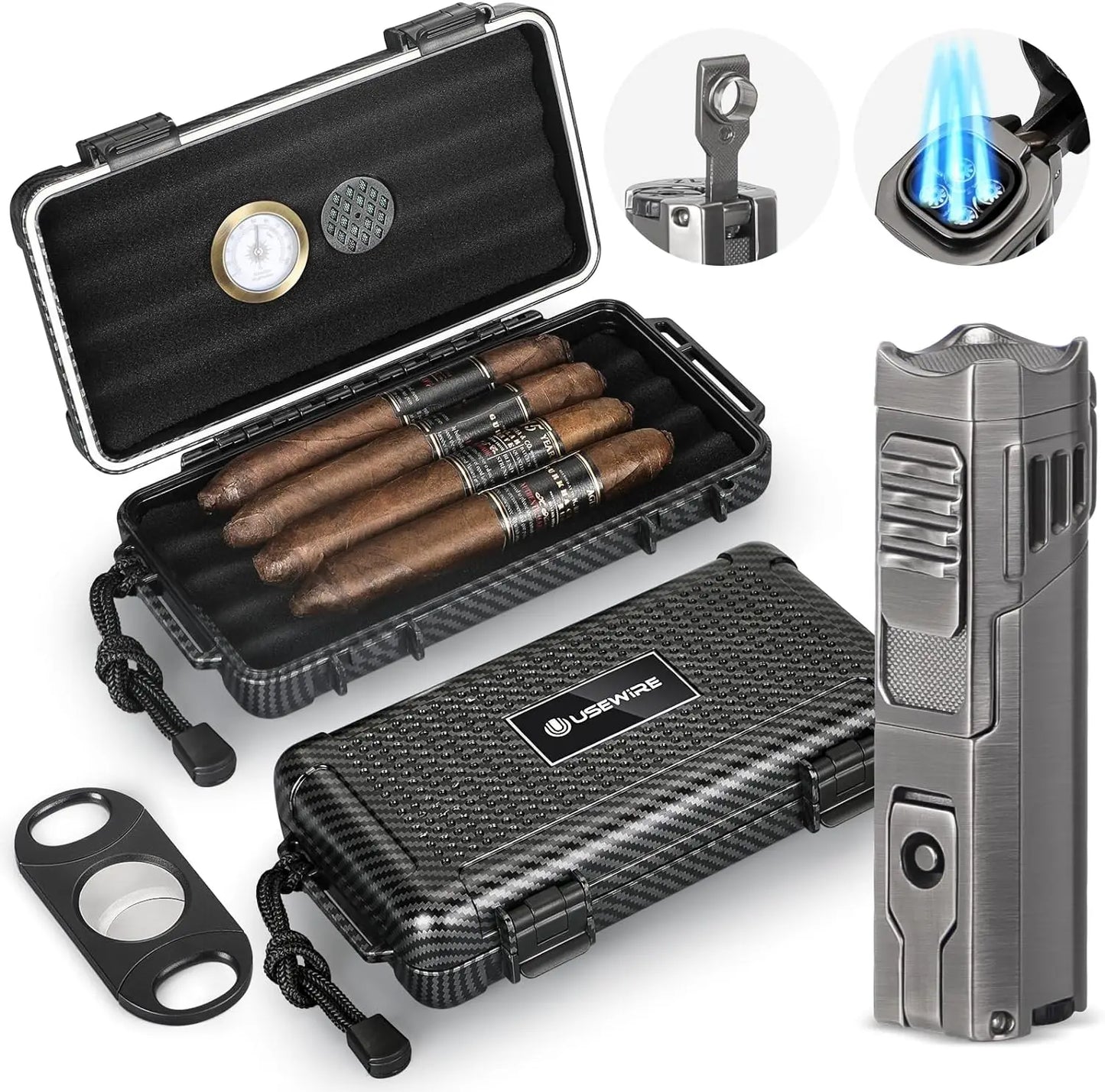 Portable Cigar Travel Humidor and Cigar Set, Humidifier, Hygrometer, Cutter, Lighter