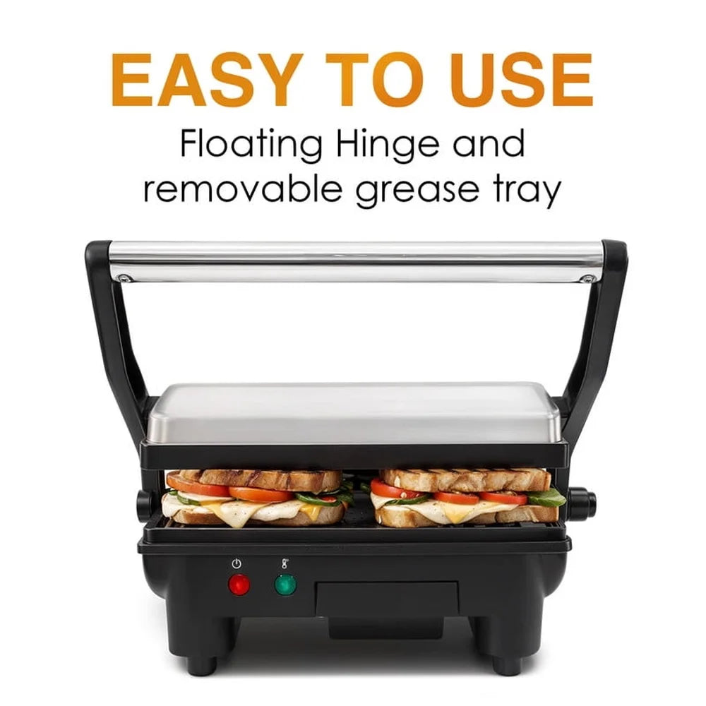 3-in-1 Panini Press Electric Grill, Non-Stick Cooking Surface, Flat Griddle, Grease Drawer, Cool-Touch Handle Kitchen