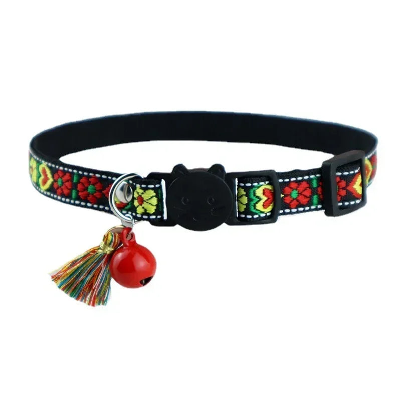 Adjustable Cat Collar, Tassels and Bells, Embellished, Colorful Plaid Jacquard Pattern, Cat and Dog