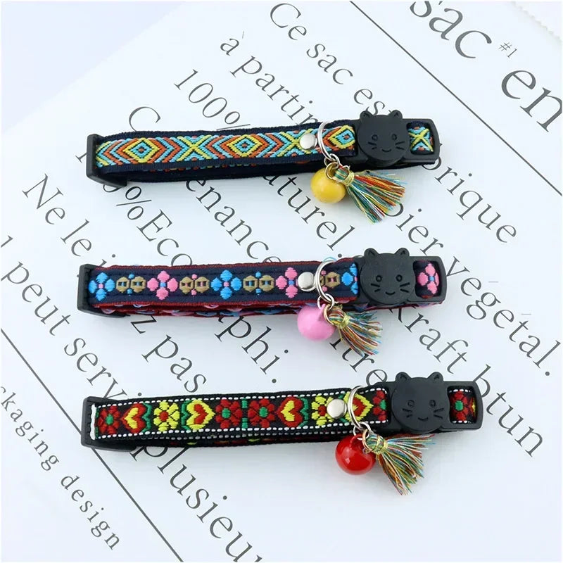 Adjustable Cat Collar, Tassels and Bells, Embellished, Colorful Plaid Jacquard Pattern, Cat and Dog
