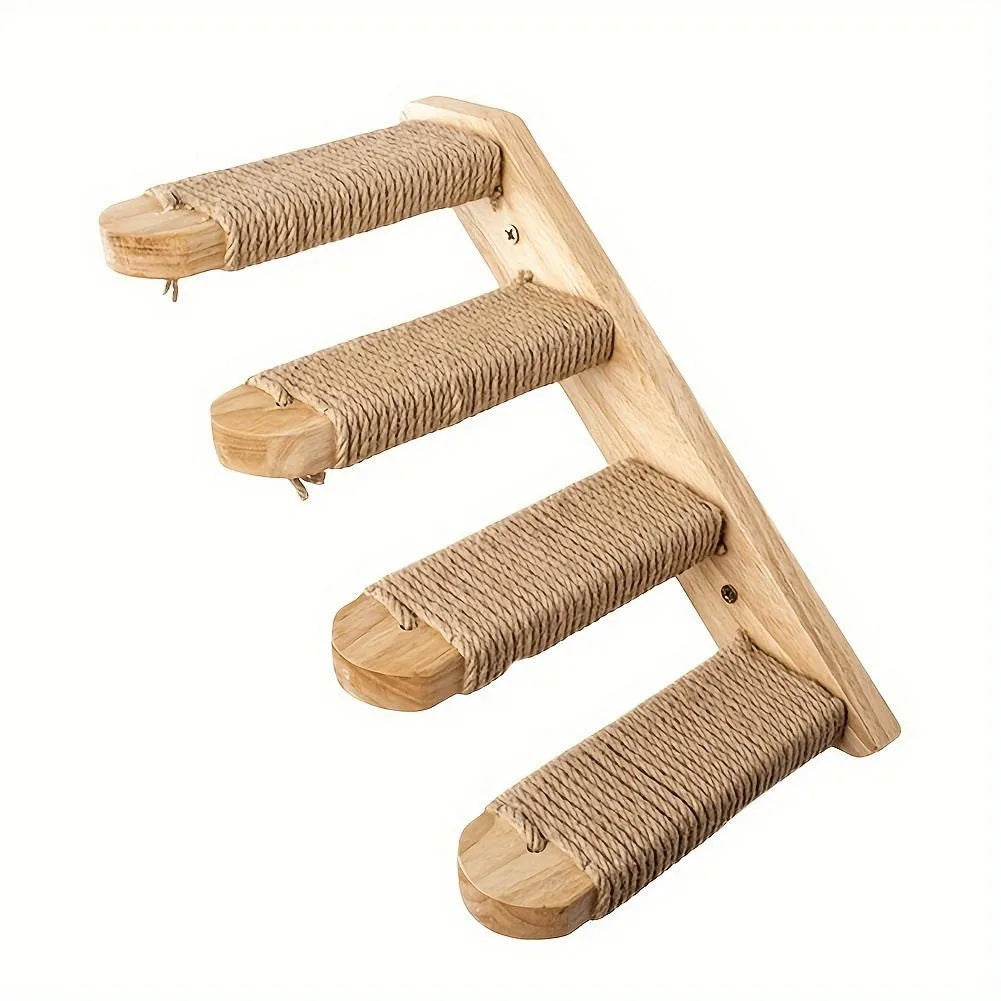 Four-Layer Wooden Ladder - Wall-Mounted Play For Cats, Natural Wood Rope
