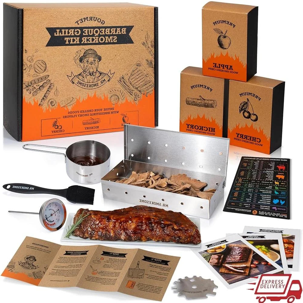 Wood Smoked BBQ Grill Set, 12 Pcs Smoker Box Grill Accessories, Stainless Steel, Meat Thermometer and Chips