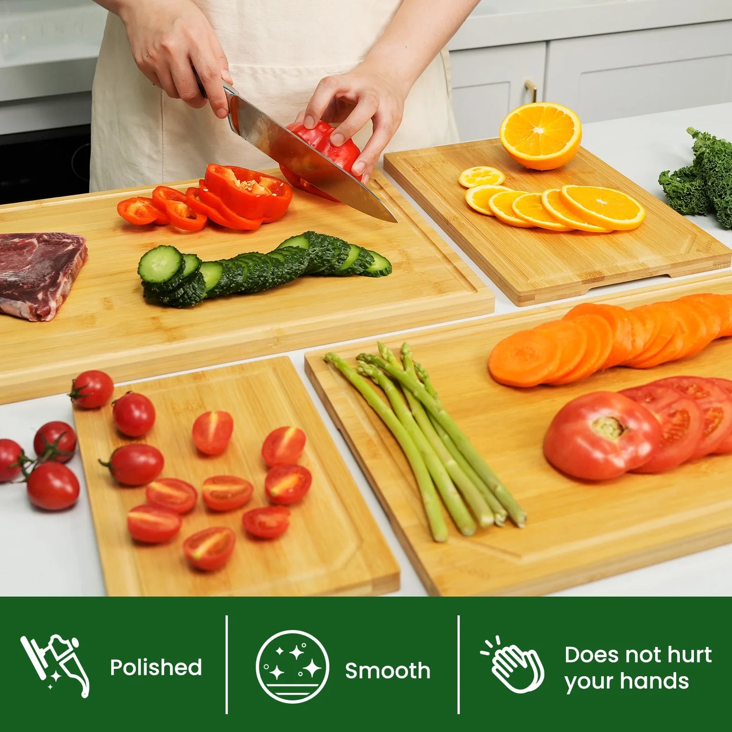 4-Piece Extra Large Kitchen Bamboo Cutting Board Set, Juice Groove, inner handle design.