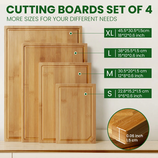 4-Piece Extra Large Kitchen Bamboo Cutting Board Set, Juice Groove, inner handle design.