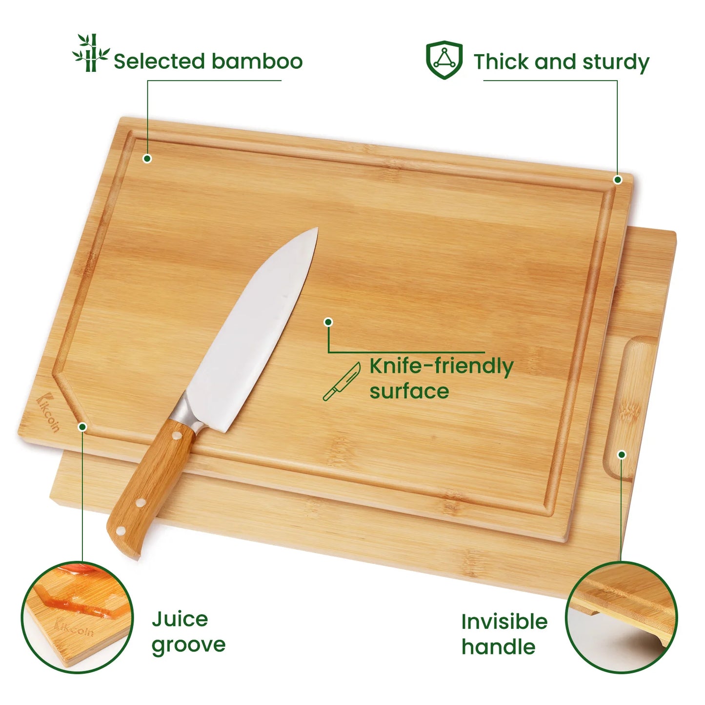 4-Piece Extra Large Kitchen Bamboo Cutting Board Set, Juice Groove, inner handle design.