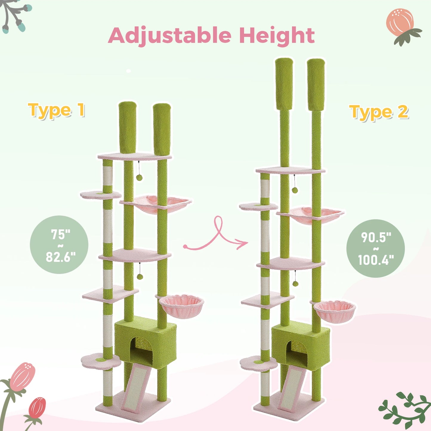 Cat Tree, Floor to Ceiling Cat Tower, Adjustable Height