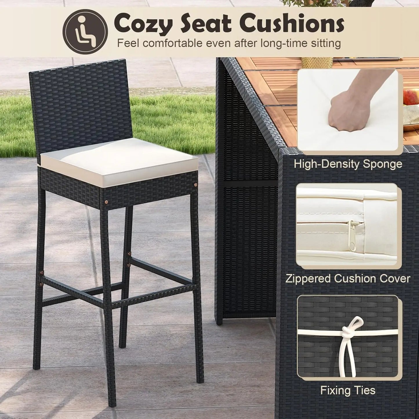 7-Piece Outdoor Bistro Bar Set - Rattan, Bar Height Dining Table w/Acacia Wood Top & 6 Bar Stools Chairs,
