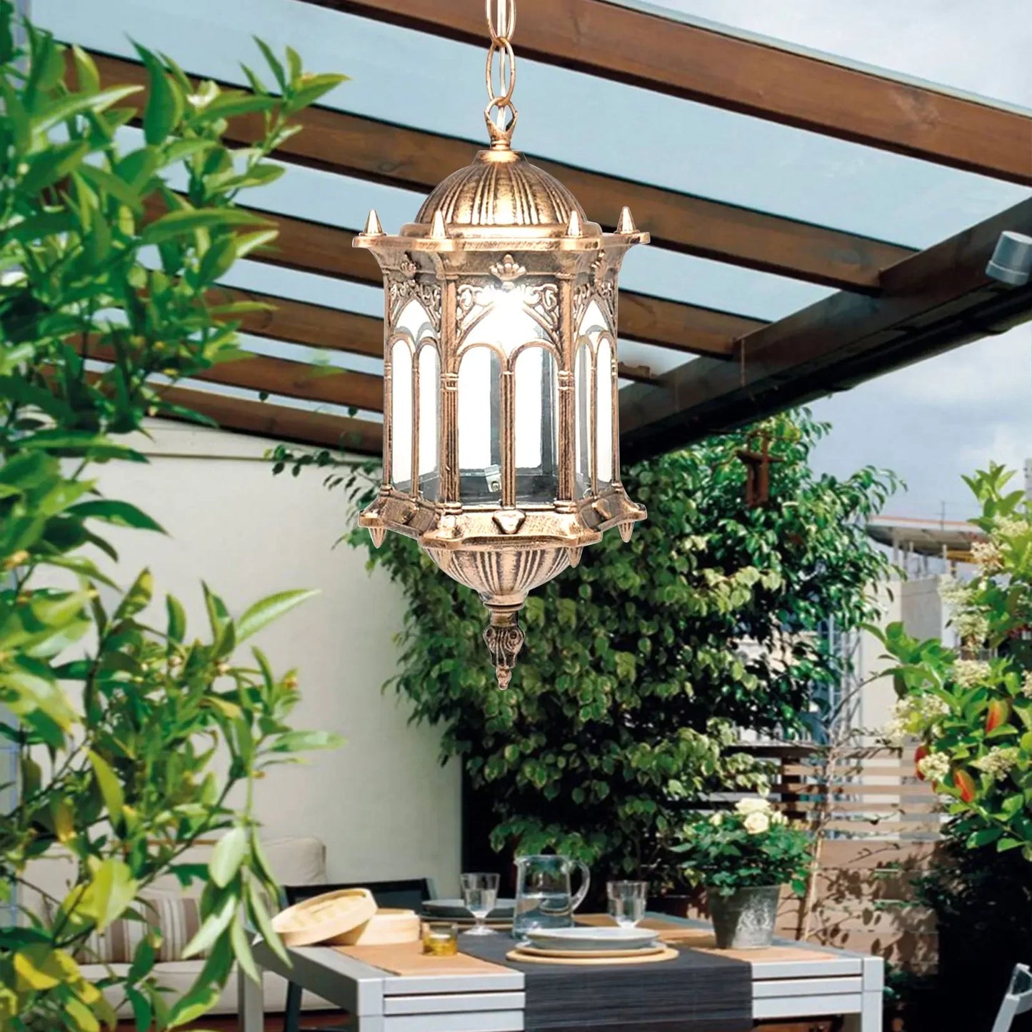 LED Waterproof Outdoor Hanging Light, Retro Chandelier, Bronze Color, Glass Lampshade