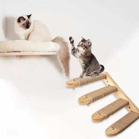 Four-Layer Wooden Ladder - Wall-Mounted Play For Cats, Natural Wood Rope
