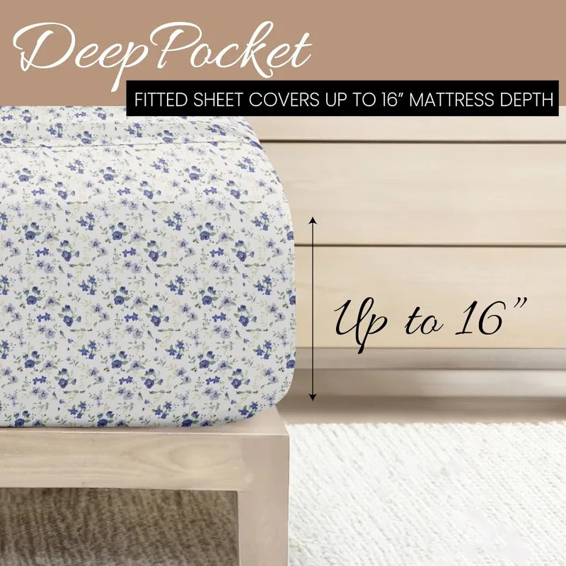 4-Piece Queen Sheet Set (Light Blue Floral) - Ultra-Soft & Cooling
