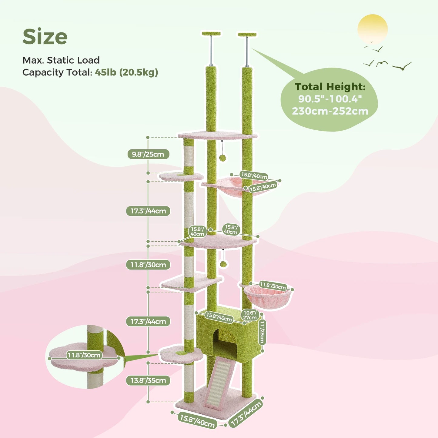 Cat Tree, Floor to Ceiling Cat Tower, Adjustable Height