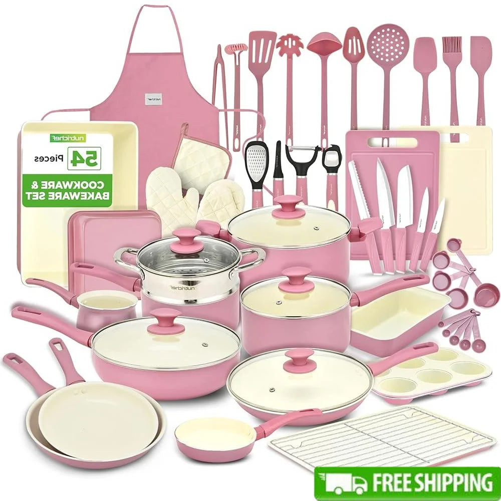 54-Piece Complete Kitchen Cookware Set, Non Stick Ceramic Pots and Pans, Utensils, Bakeware, Cutting Boards, All Cooktops
