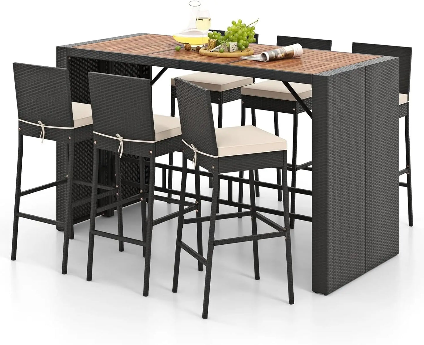 7-Piece Outdoor Bistro Bar Set - Rattan, Bar Height Dining Table w/Acacia Wood Top & 6 Bar Stools Chairs,