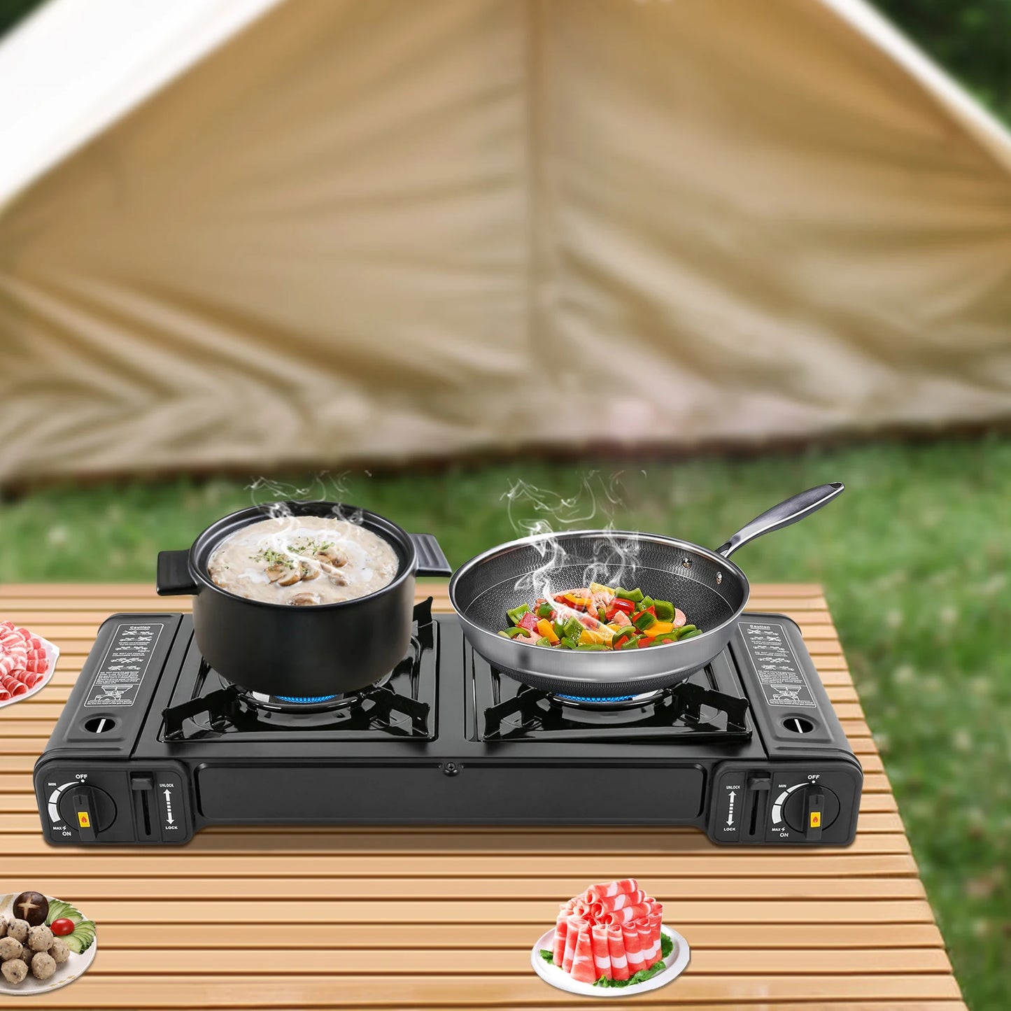 Portable Camping Stove, 2 Burners, Butane, Carrying Case, Adjustable Fire Power, Auto Ignition