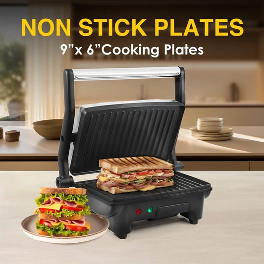 3-in-1 Panini Press Electric Grill, Non-Stick Cooking Surface, Flat Griddle, Grease Drawer, Cool-Touch Handle Kitchen
