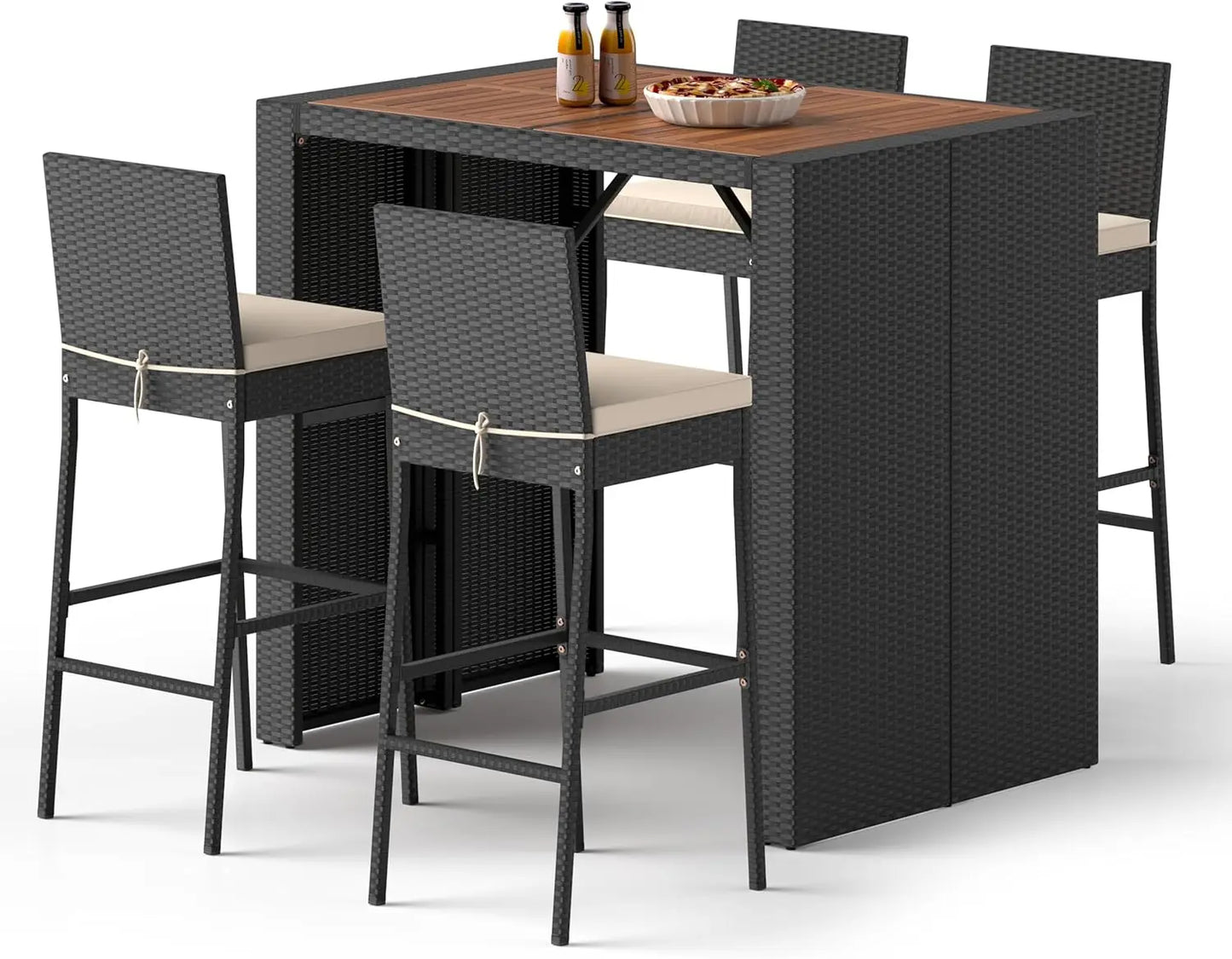 7-Piece Outdoor Bistro Bar Set - Rattan, Bar Height Dining Table w/Acacia Wood Top & 6 Bar Stools Chairs,