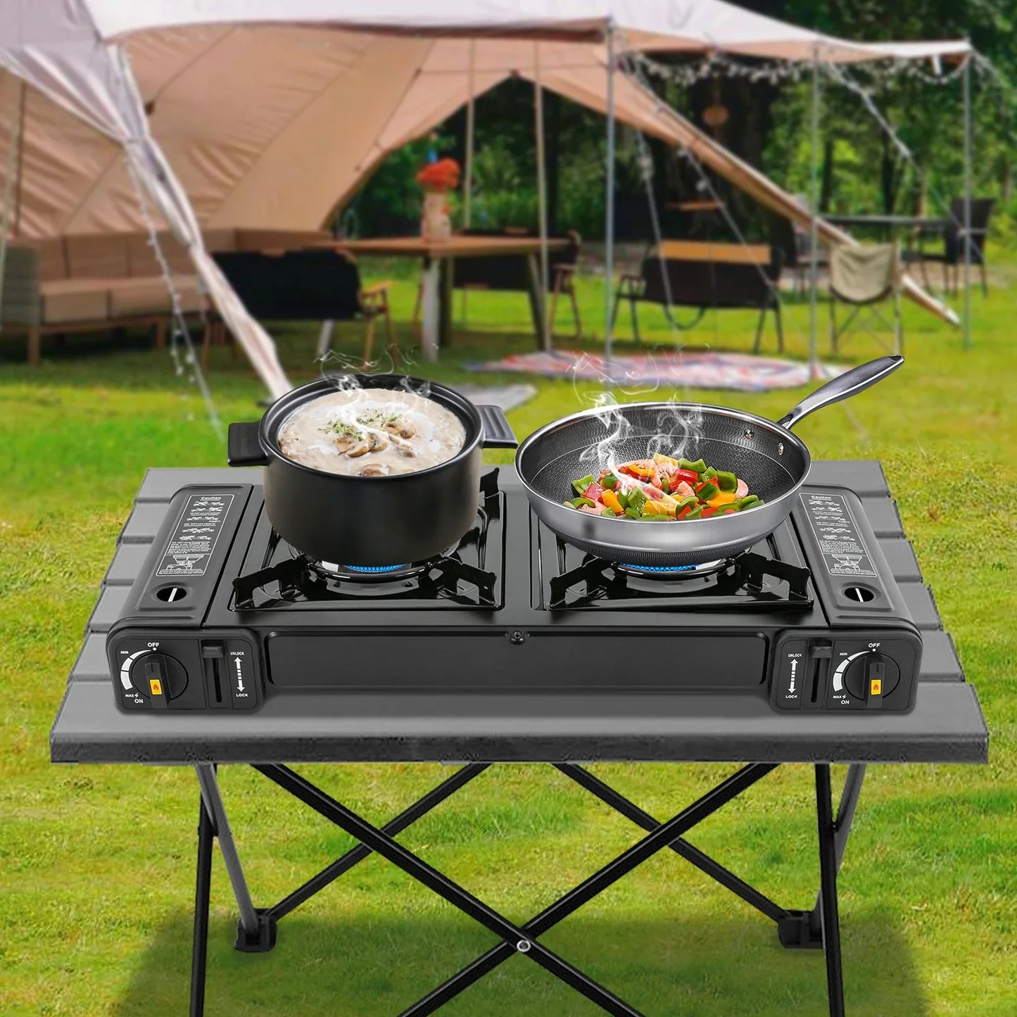 Portable Camping Stove, 2 Burners, Butane, Carrying Case, Adjustable Fire Power, Auto Ignition