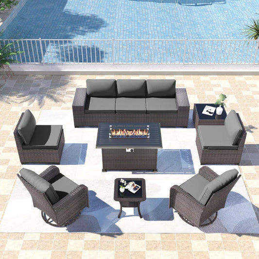 10 Pieces Outdoor Patio Furniture Set, Wicker Rattan, Sectional Sofa, BTU Gas