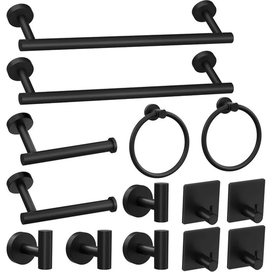 14 Pieces Stainless Steel Matte Black Bathroom Accessories Set, Wall-Mounted Towel Bar, Toilet Paper Holder, Racks, Hooks