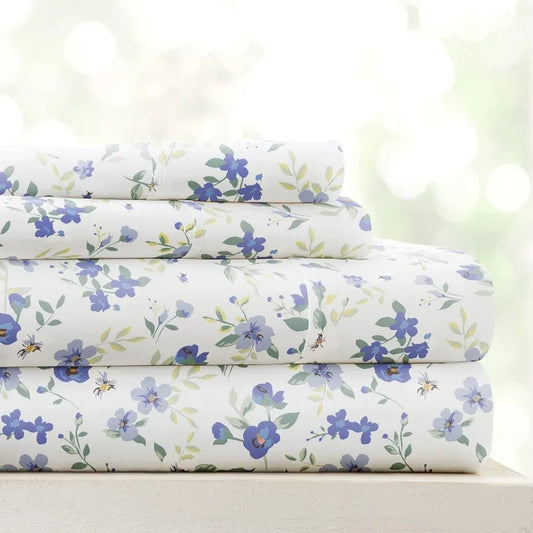4-Piece Queen Sheet Set (Light Blue Floral) - Ultra-Soft & Cooling